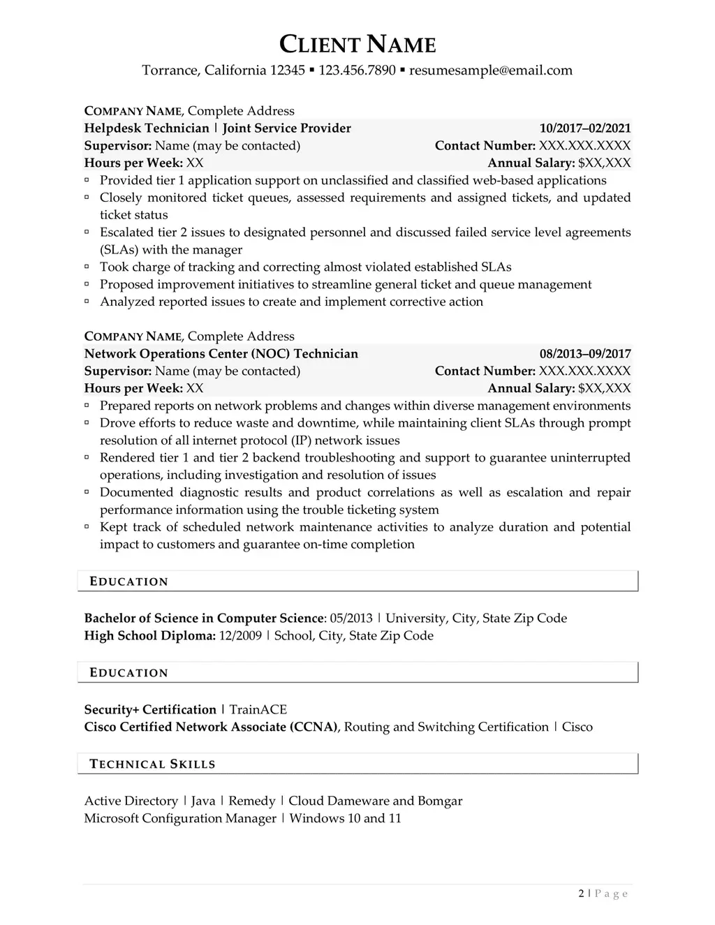 Help Desk Technician Resume Page Two