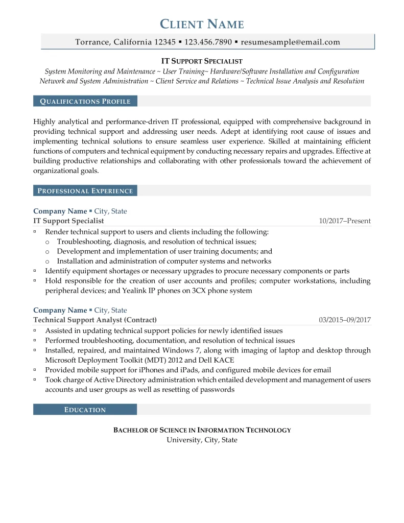 It Support Specialist Resume