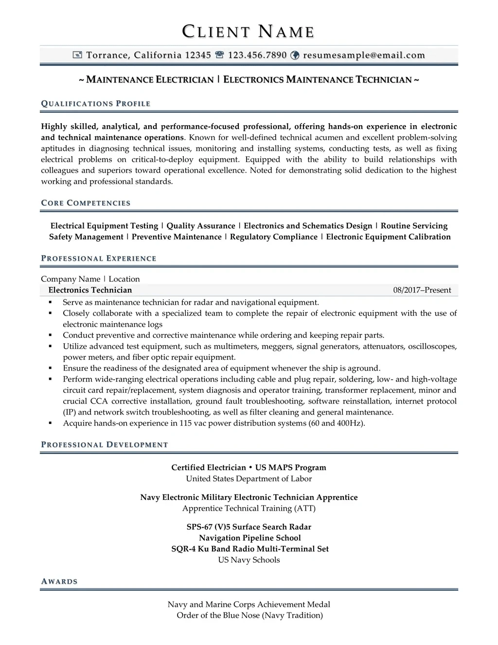 Maintenance Electrician Resume Example