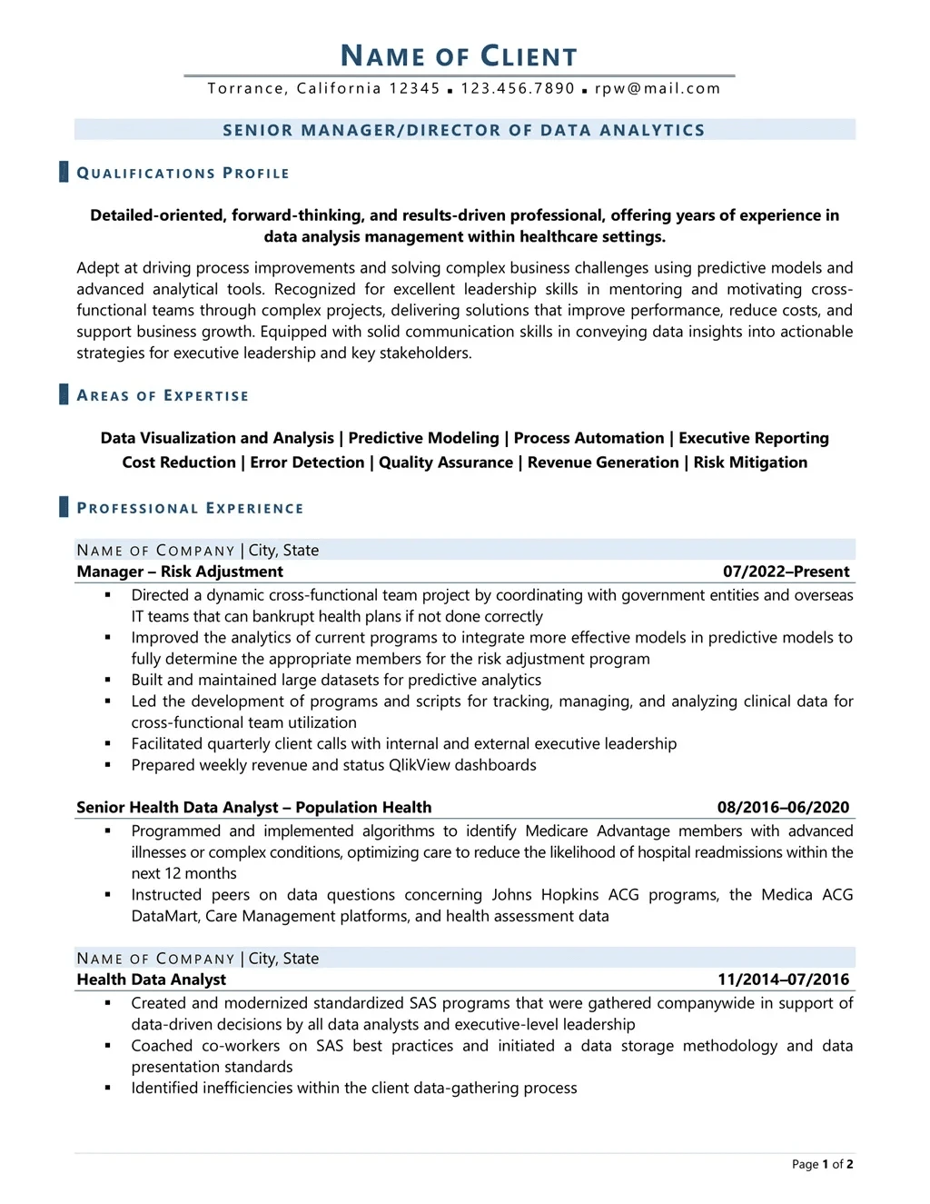 Senior Manager Data Analyst Resume Example Page One