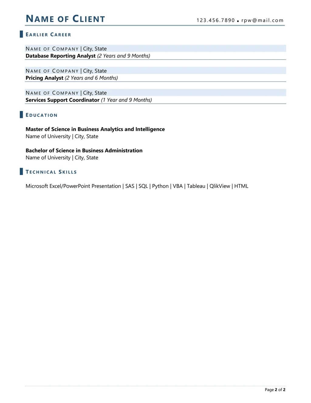 Senior Manager Data Analyst Resume Example Page Two