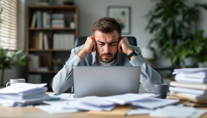 A weary professional sits at a cluttered desk with a laptop and scattered papers, visibly exhausted and overwhelmed by the job search process. This image captures the stress and job search burnout often felt by job seekers navigating the increasingly difficult job market.