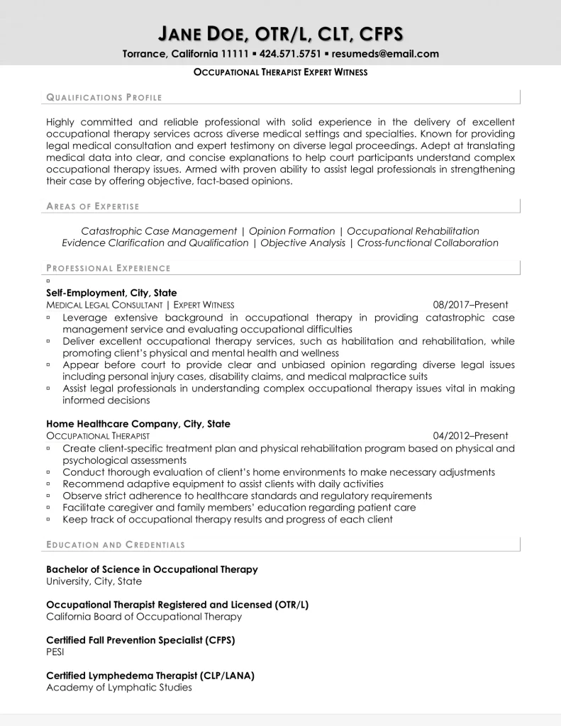 Occupational Therapist Expert Witness Resume