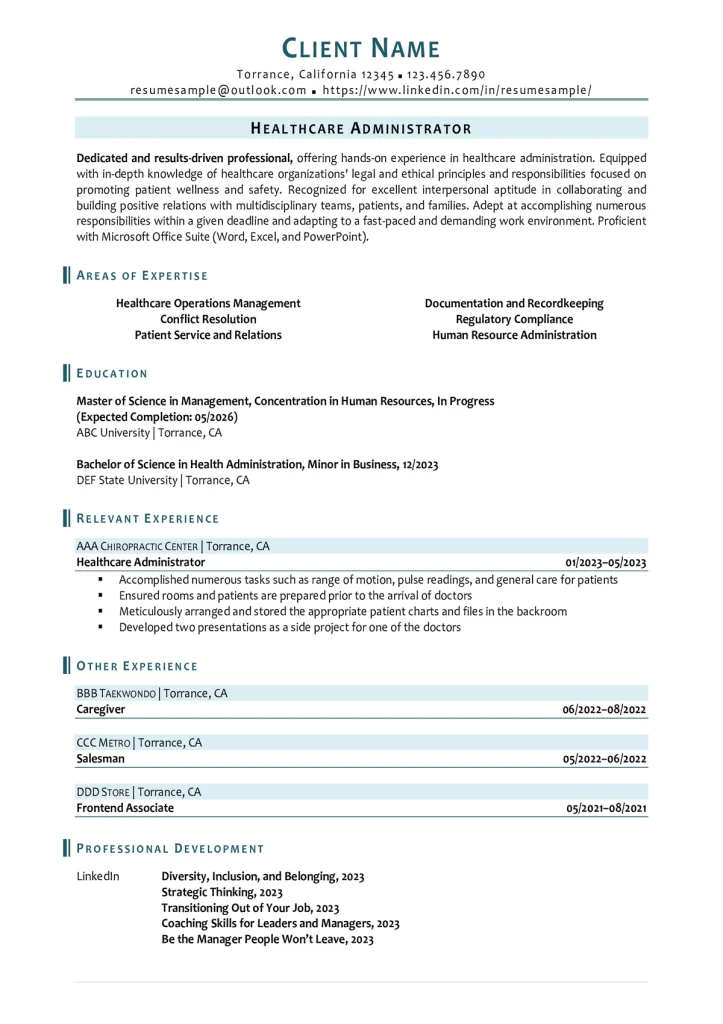 Example Of An Entry-Level Healthcare Administrator Resume