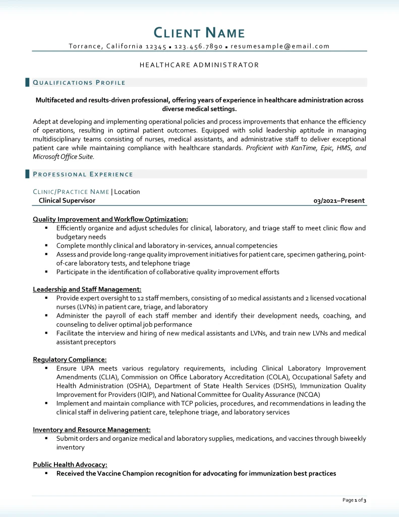 Healthcare Administrator Resume Example Page 1
