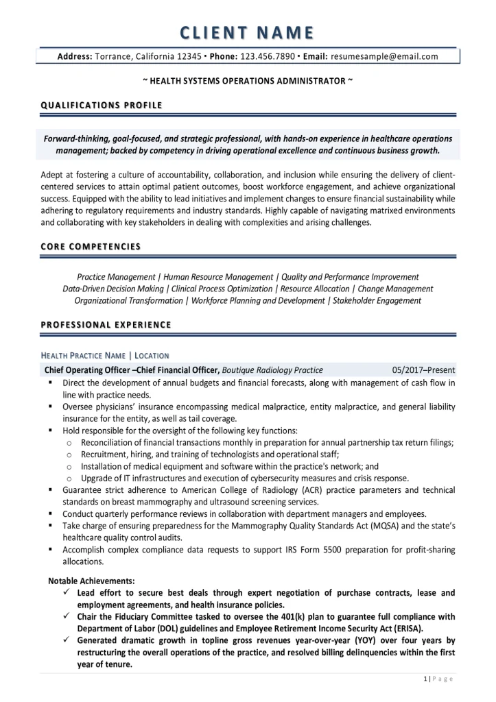 Example Of Executive-Level Healthcare Administrator Resume Page 2