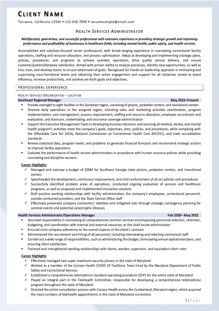 Example Of Mid-Level Healthcare Administrator Resume Page 1
