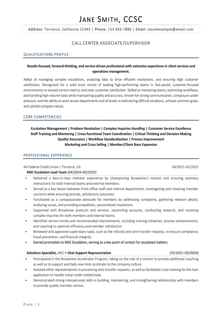 Customer Service Resume Example For Call Center Supervisor Page 1