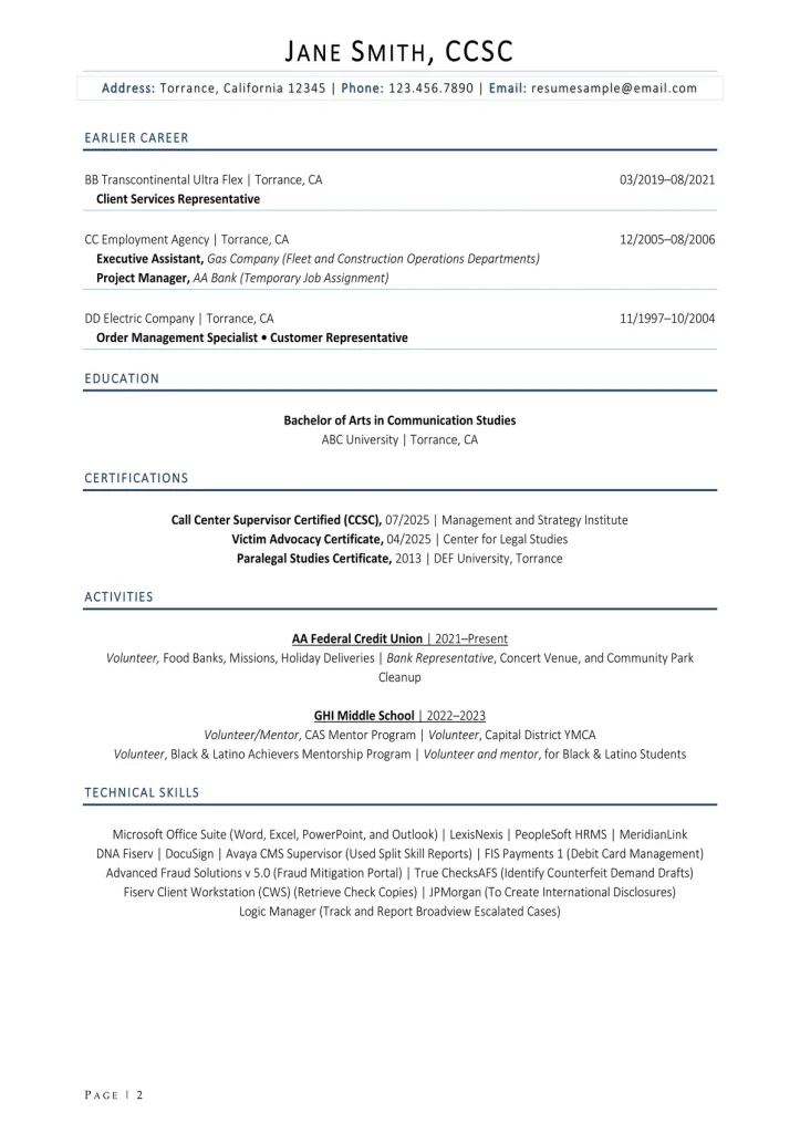 Customer Service Resume Example For Call Center Supervisor Page 2