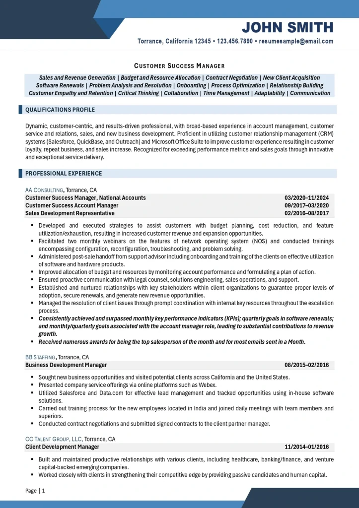 Customer Service Resume Example For Customer Success Specialist Pg 1