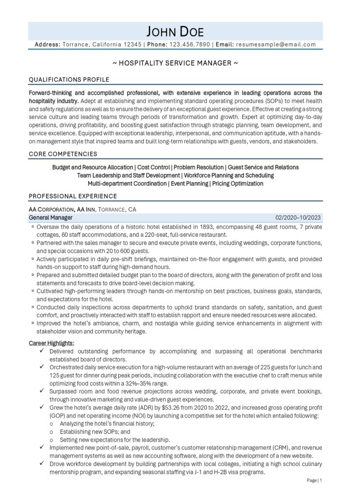 Customer Service Resume Example For Hospitality Service Manager Pg 1