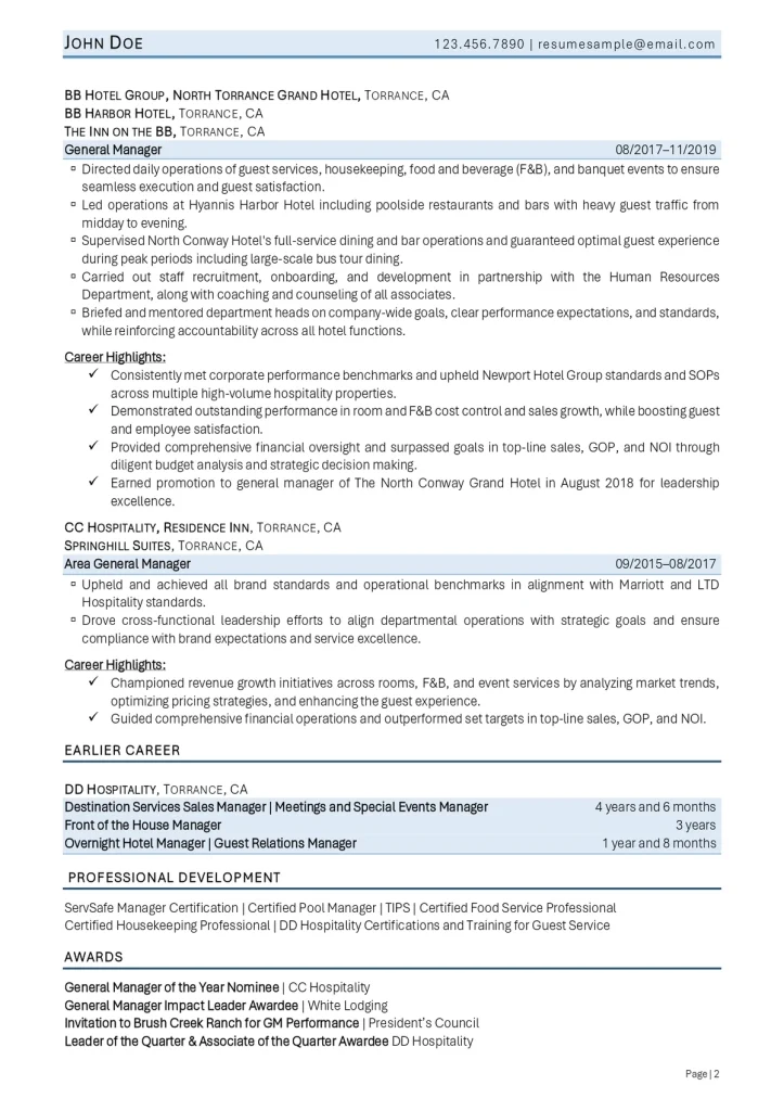 Customer Service Resume Example For Hospitality Service Manager Pg 2