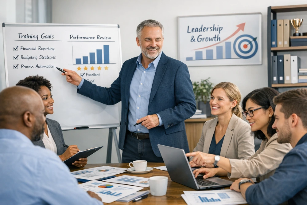 A Realistic Office Scene Where A Senior Accountant Supervises And Mentors Finance Staff.