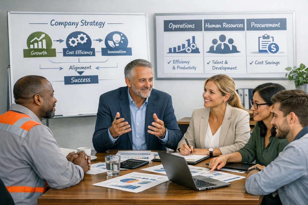 A Realistic Office Meeting Scene Showing Professionals Collaborating And Aligning Financial Practices With Company Strategy.