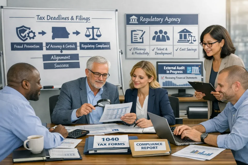 A Realistic Office Scene Showing Professionals Conducting Audits On Audit Reports, Compliance Checklists, And Risk Alerts.