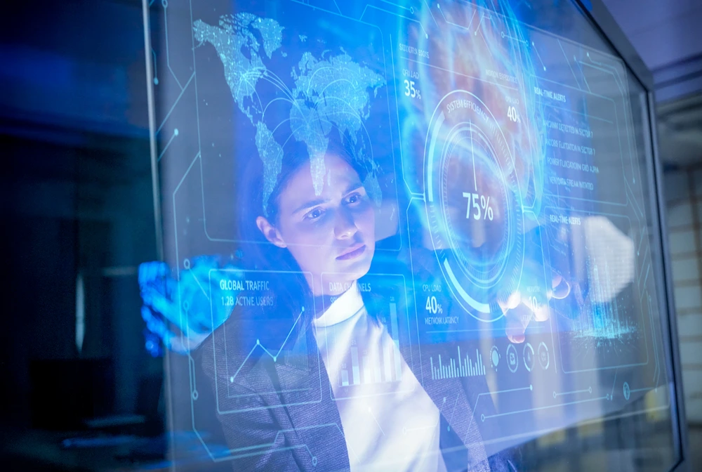 A Female Leader Analyzing And Strategically Planning Business In Modern Office Setting