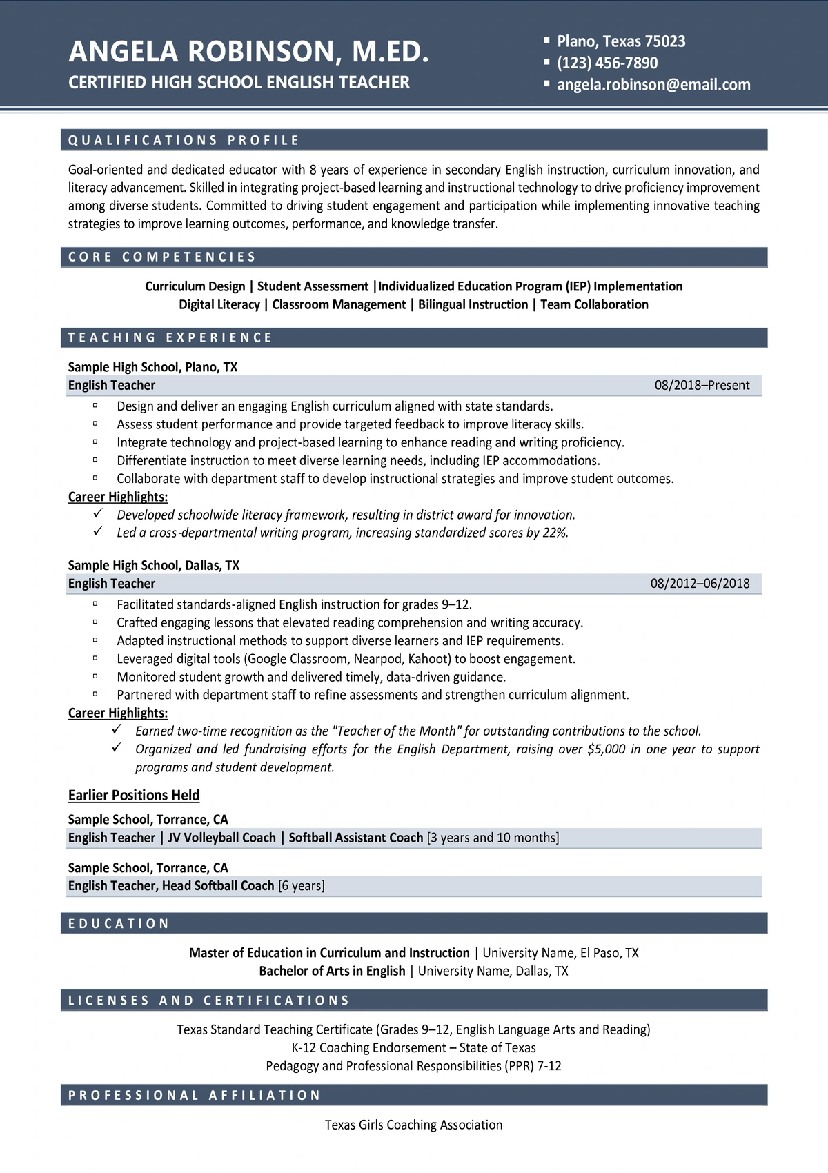 Sample Resume For Teacher