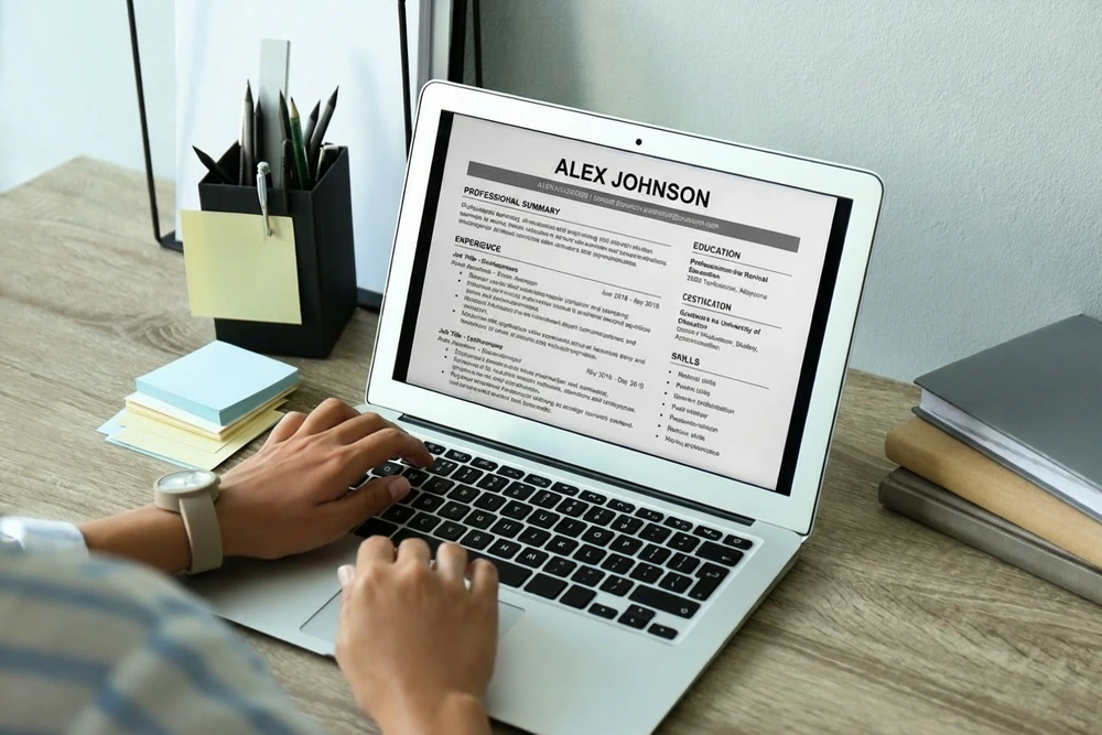 An Applicant Typing His Resume Via A Laptop
