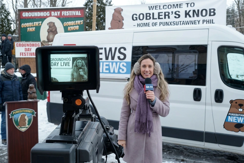 Journalist Reporting The Groundhog Day Celebration