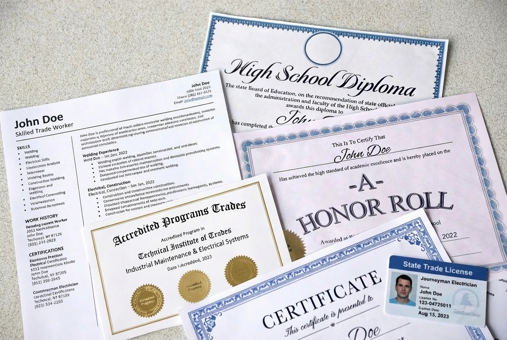 A Bundle Of Documents Such As A Resume, Diploma, Certifications, And Licenses Essential For Highest Paying Trades