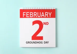 Top view of calendar with the date for Groundhog Day