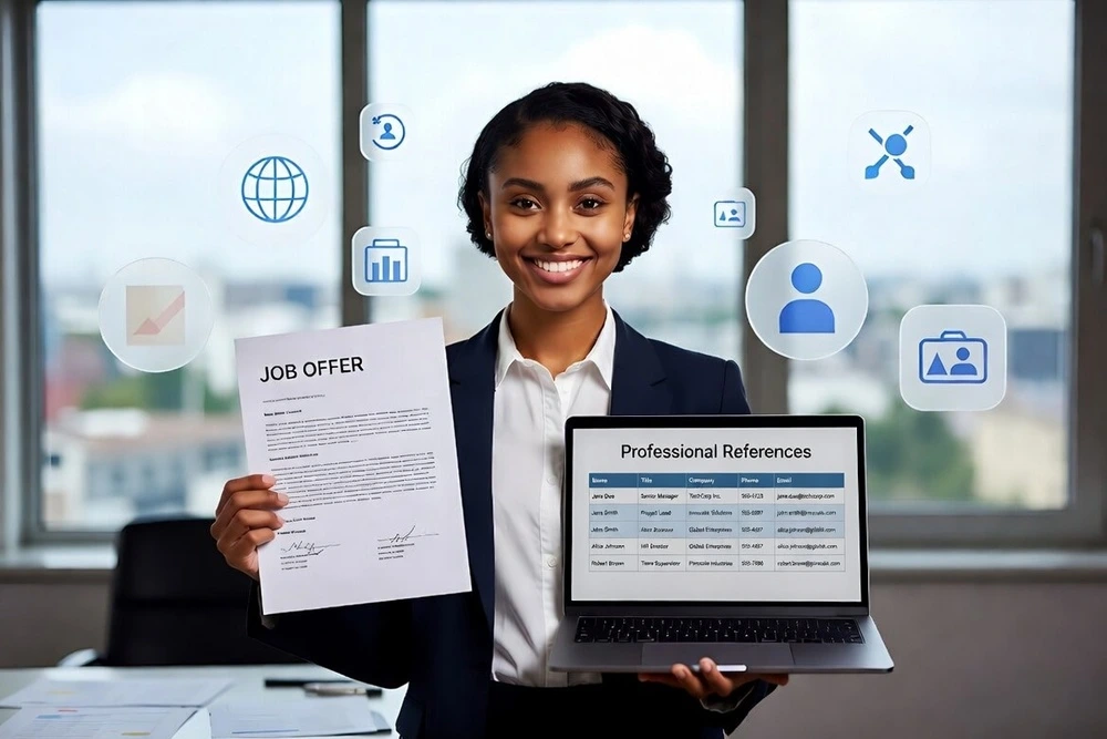 Smiling Professional Holding A Job Offer Letter And Laptop Displaying Professional References, Illustrating How Many References Should You Have On A Resume