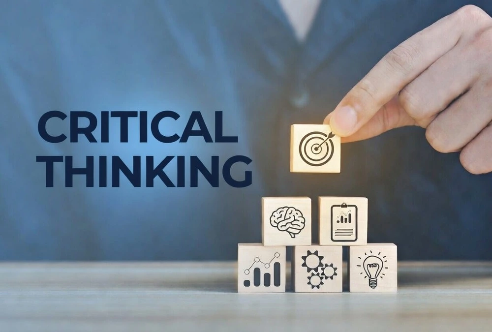 A Hand Building Blocks, With Icons Representing The Core Elements Of Critical Thinking With Examples