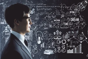 A side portrait of a professional with a business strategy chalkboard representing the concept of critical thinking with examples