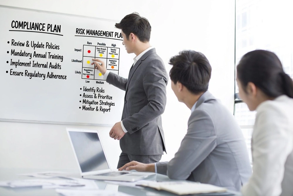 An Operations Leader Heading Compliance And Risk Management Planning Session, Illustrating What Does An Operations Manager Do.