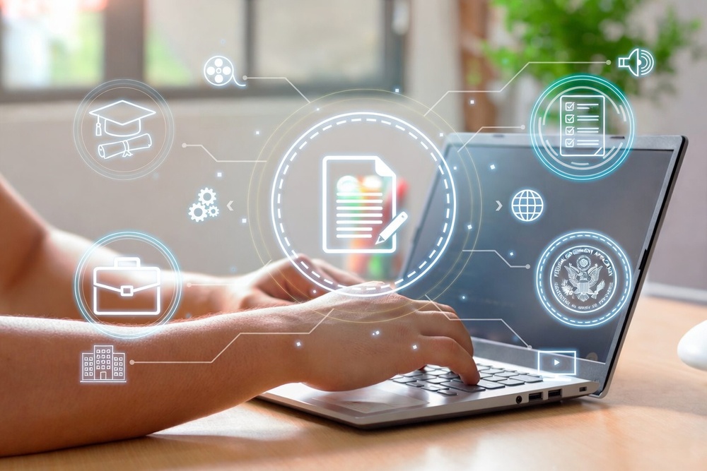 A Pair Of Hands Typing On A Laptop With An Image Representing Different Platforms Where A Motivation Letter Appears.