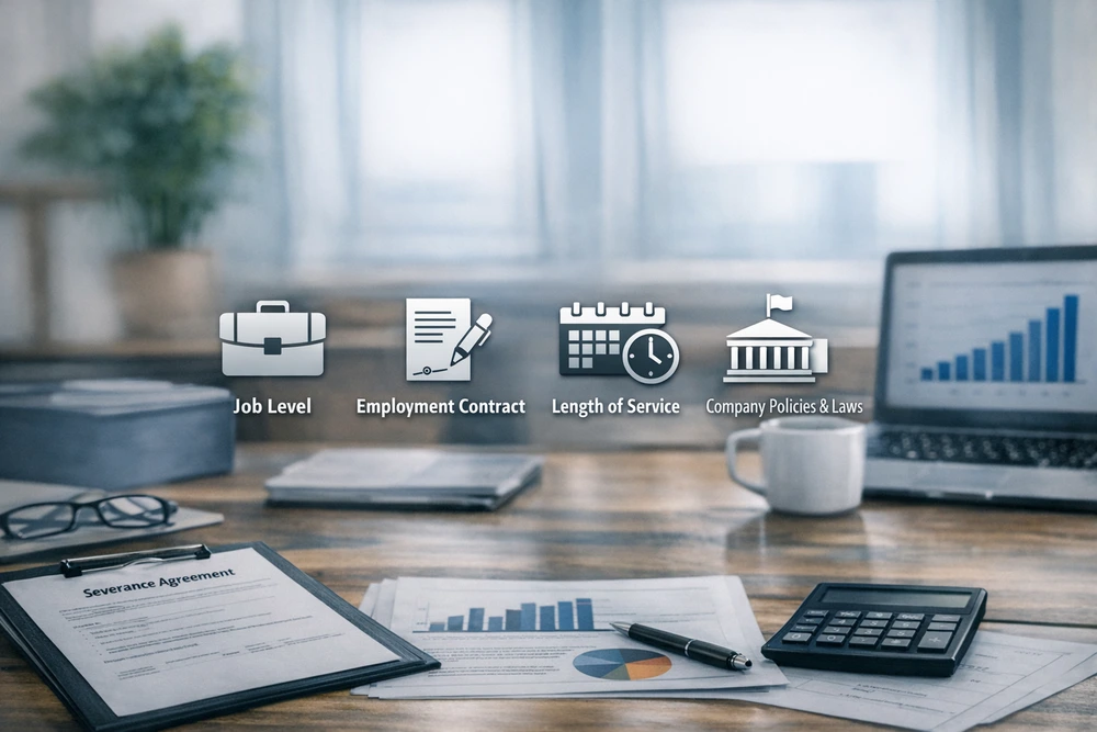 Icons Representing The Factors That Affect Average Severance Package With An Office Desk In The Foreground.