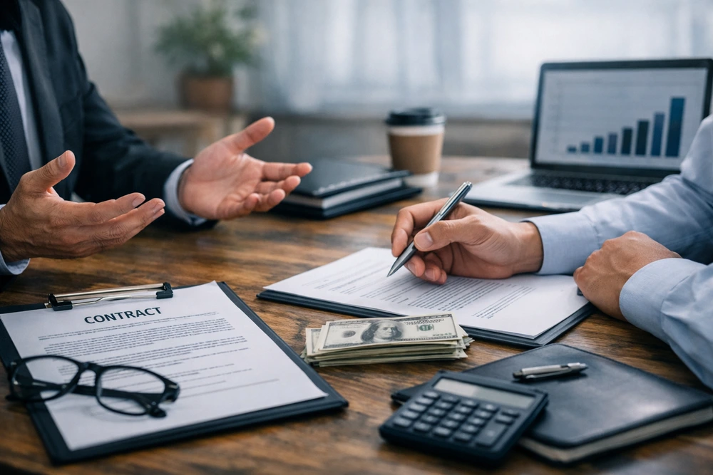 Two Professionals Are Seated At A Desk, Reviewing Documents And Negotiating Terms Of Average Severance Package, With Items Like A Contract, Calculator, And Laptop Visible In The Foreground.