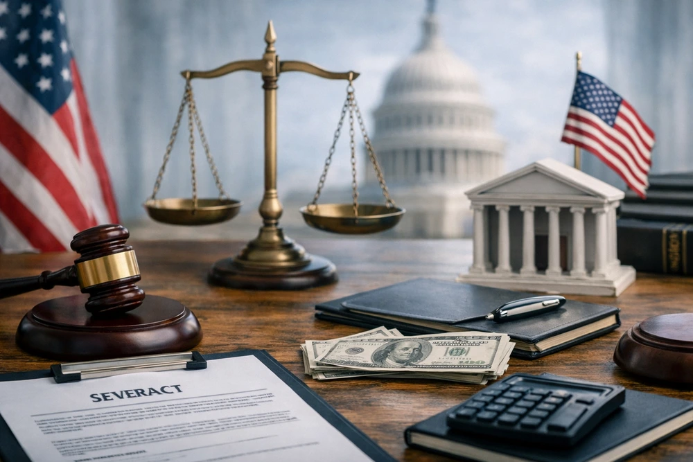 A Judgeโs Gavel, Brass Scales Of Justice, A Miniature Courthouse, And An American Flag, All Set Against A Softly Lit Office Backdrop.