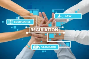 Hands Of A Group Business People, With Words Like Compliance, Regulations, Law, And Standards