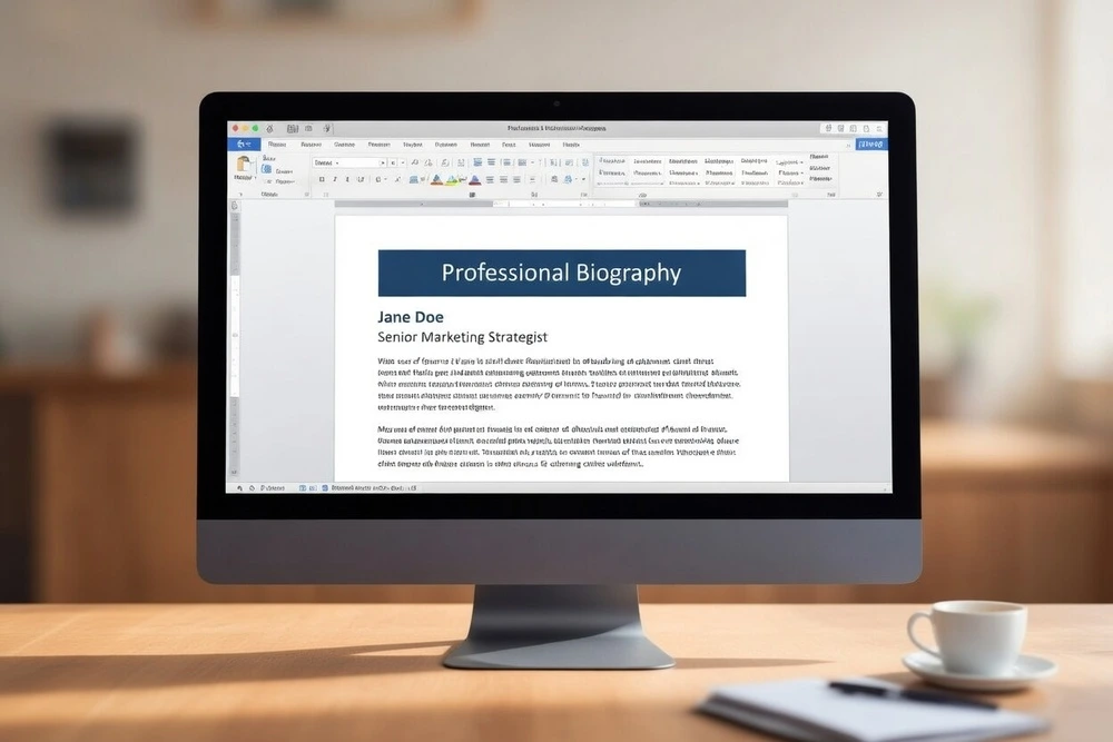 A Modern Computer Monitor On A Wooden Office Desk Displaying A Realistic Word Document Titled &Amp;Quot;Professional Biography,&Amp;Quot; With A Clean Professional Layout — Perfect Inspiration For Crafting Effective Short Bio Examples.