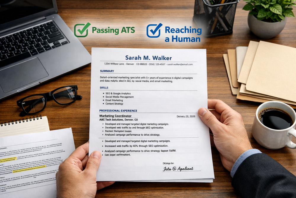A Resume On A Desk With Two Checkmarks Above It: One Green Labeled Passing Ats And One Blue Labeled Reaching A Human.