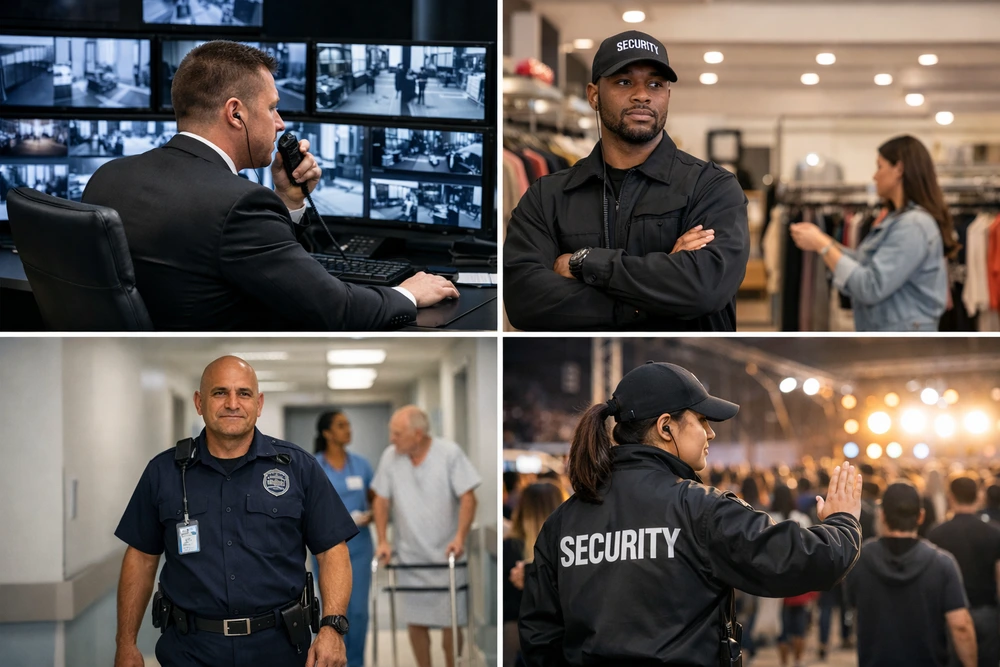 Collage Of Officers Monitoring Cctv, Overseeing Shoppers, Patrolling A Hospital Corridor, And Managing Crowd Control To Illustrate The Security Officer Job Description.