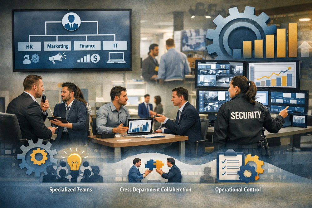 Realistic Office Scene Illustrating The Functional Organizational Structure With Teams Collaborating Across Hr, Marketing, Finance, And It To Enhance Specialization, Coordination, And Operational Control.