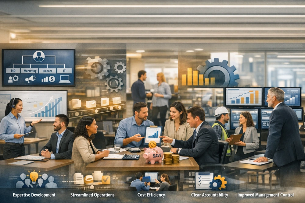 Realistic Office Scene Illustrating The Functional Organizational Structure With Employees Collaborating Across Departments To Demonstrate Expertise Development, Streamlined Operations, Cost Efficiency, Clear Accountability, And Improved Management Control.