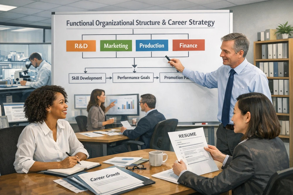 Modern Office Scene Illustrating The Functional Organizational Structure And Career Strategy With Employees Collaborating Across Departments To Develop Skills, Set Performance Goals, And Plan Promotion Paths.