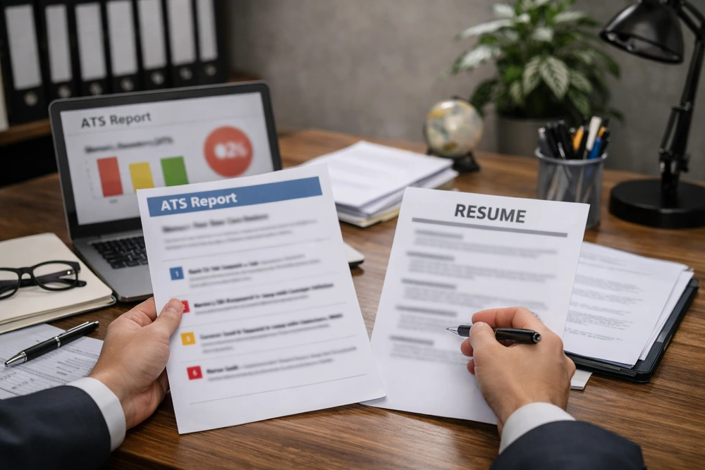 A Professional Office Scene Showing A Resume Writer Reviewing Printed Resumes And An Ats Report On A LaptopโIllustrating What Is An Ats Resume And How Recruiters Analyze Keyword Match Scores During Ai Screening.
