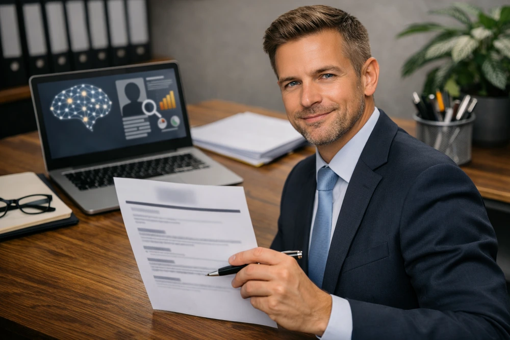 A Confident Resume Writer Reviewing A Document At His Desk, With The Ats Interface On The Laptop.