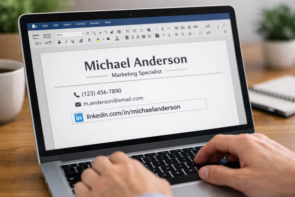 Linkedin Url Placed In The Contact Section Of A Resume Header, Illustrating How To Put Linkedin On Resume.
