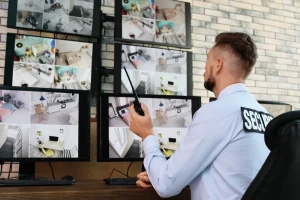 Security officer on patrol reviewing CCTV monitors and building access controls