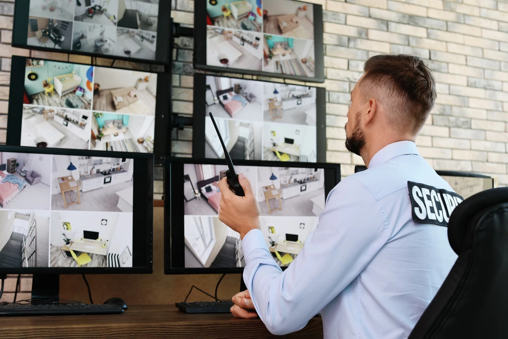Security Officer On Patrol Reviewing Cctv Monitors And Building Access Controls