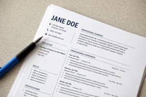 A resume laid flat on a table, featuring a fillโinโtheโblank resume summary template.