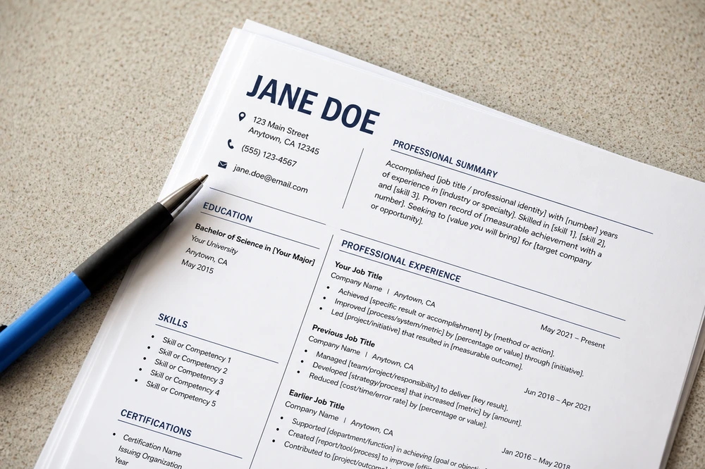 A Resume Laid Flat On A Table, Featuring A Fill‑In‑The‑Blank Resume Summary Template.