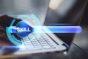 Close Up Of Hand Using Notebook Keyboard Showing Essential Pc Skills For Resume Success.