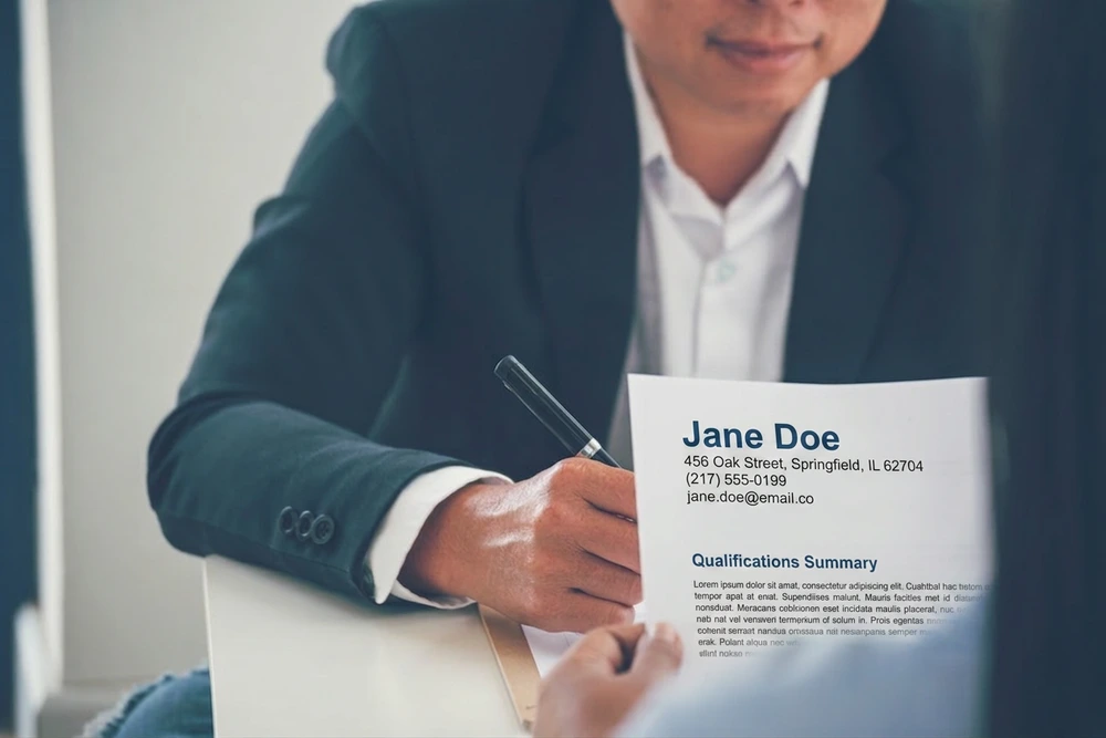 A Professional Reviews A Printed Application Document, Starting With A Resume Summary Section.
