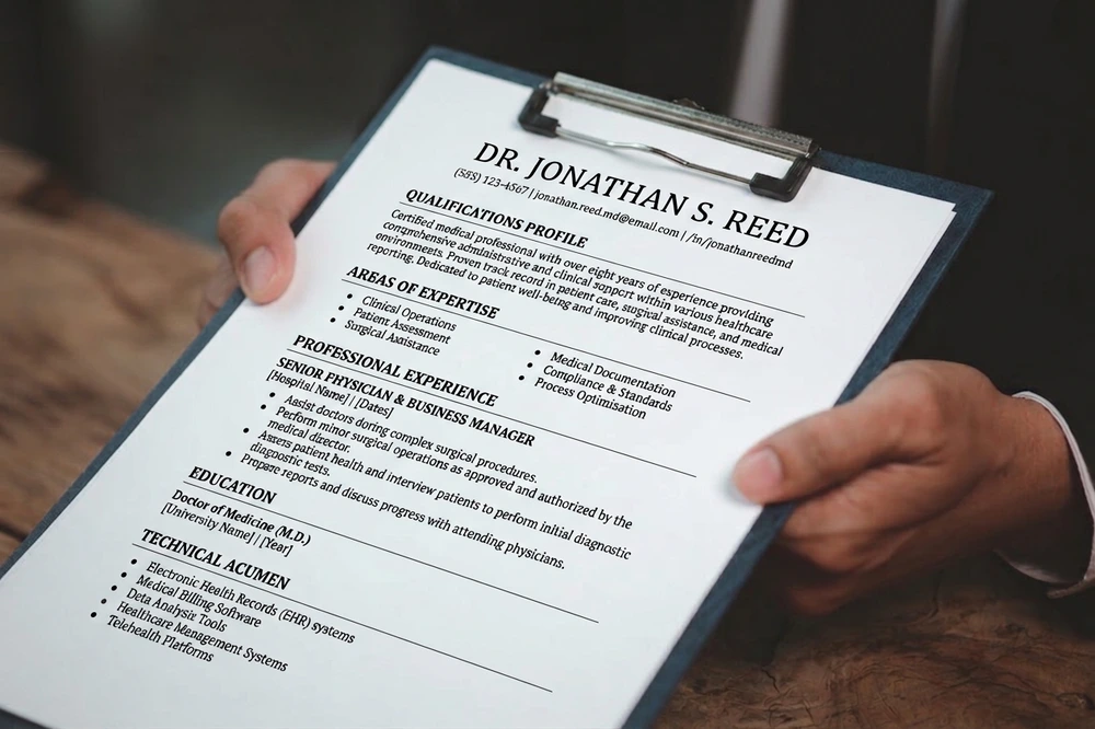 An Individual Holds A Resume On A Clipboard, Displaying Profile, Expertise, Experience, Education, And Technical Acumen Sections Comprise Of Essential Pc Skills For Resume.